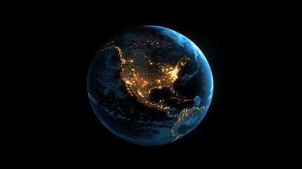 Night view of Earth, highlighting North and Central America's city lights against the dark space backdrop.