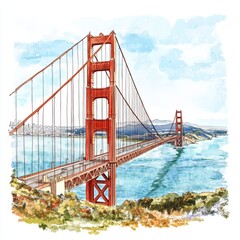 Fototapeta premium Golden Gate Bridge Watercolor Painting - Iconic San Francisco Landmark