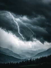 Obraz premium Dramatic Lightning Storm Over Mountainous Landscape with Dark Clouds and Rain in Atmospheric Weather