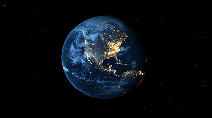 Obraz premium Stunning view of Earth at night from space, showcasing city lights and cloud formations against the dark backdrop of space.