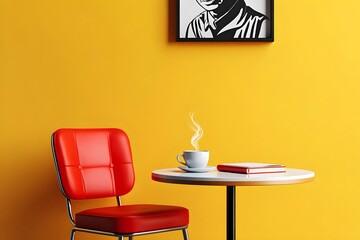A pop art interior chair positioned next to a white circular table with book and hot coffee against a vibrant yellow wall. 
