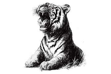 Antique Animal Print Black Sketch, Engraving of Fierce Tiger Roaring, Monochrome Wild Cat Line Art, Rustic Fauna Drawing, Retro Wildlife Etching, Vintage Nature Illustration