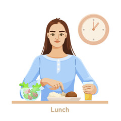 Woman eating lunch with a plate of rice, meat, salad, and juice. A clock in the background shows time. Concept of healthy eating. Vector illustration