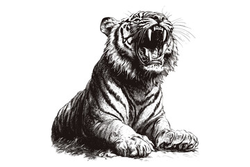 Fierce Tiger Engraving, Black Sketch of Wild Cat, Antique Wildlife Etching, Rustic Fauna Drawing, Vintage Animal Art, Monochrome Nature Illustration, Retro Animal Print