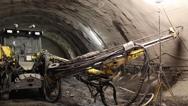 Underground drilling machine with massive hydraulic arms and tangled cables stands on muddy tunnel floor under bright construction lights raw mechanical force meets intense industrial focus