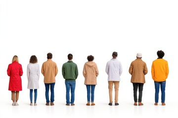 Obraz premium Group of people standing in a line wearing stylish coats on white background