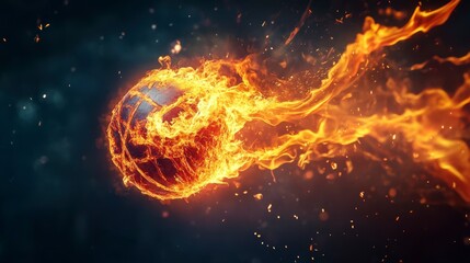 Fiery basketball in motion, engulfed in flames against a dark background.