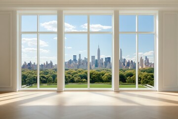 Fototapeta premium Modern apartment interior with large windows showcasing a skyline view of New York City on white background
