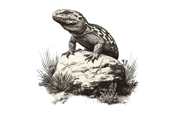 Vintage Reptile Illustration, Hand-drawn Wildlife Sketch, Engraving of Gila Monster on Rock, Antique Style Black Sketch, Retro Etching, Desert Creature