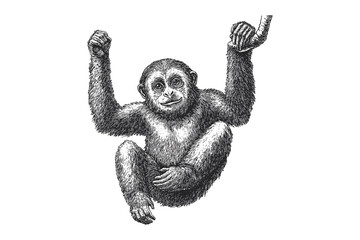 Gibbon Swinging Artwork, Retro Wildlife Engraving Style, Vintage Hand-drawn Jungle Primate, Monochrome Wall Art Print, rainforest animal art, exotic mural design