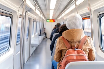 Person sitting on subway with backpack on brown seat on white background