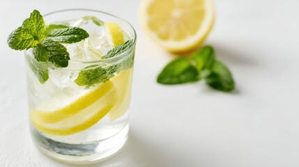 Fototapeta premium Refreshing Lemon Mint Drink with Ice in a Glass, Perfect for Summer Enjoyment and Promotion
