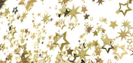 Sparkling gold stars cascade on a pristine white backdrop, perfect for celebratory designs.