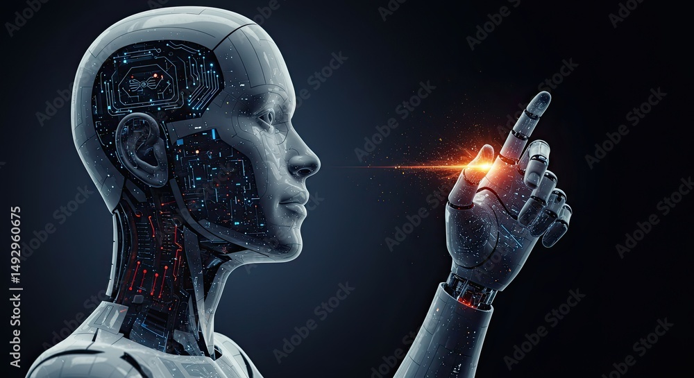 Poster futuristic robot pointing with glowing finger, concept of artificial intelligence and technology