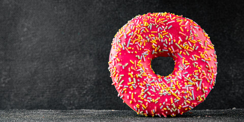 Donut sweet dessert fast food snack fresh delicious gourmet food background on the table rustic...
