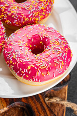 Donut sweet dessert fast food snack fresh delicious gourmet food background on the table rustic food top view copy space