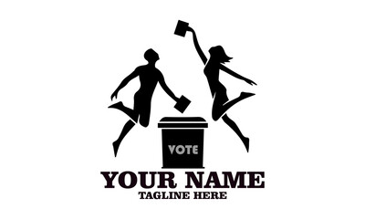 Illustration of two people voting while jumping in energetic pose on yellow background. Civic engagement concept, vote vector illustration and vote logo icon