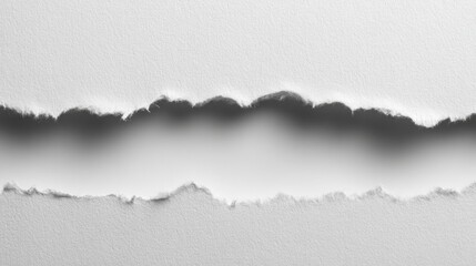 Horizontal strip of ripped white paper with jagged edge, placed in center on pure white background, soft shadows and clean composition, perfect for banners or ads