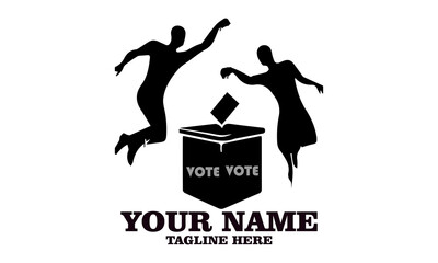 Illustration of two people voting while jumping in energetic pose on yellow background. Civic engagement concept, vote vector illustration and vote logo icon