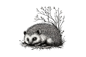 Hedgehog Engraving, Vintage Woodland Animal, Hand-drawn Forest Illustration, Black Sketch Etching, Monochrome Wildlife Art, Old Style Nature Decor