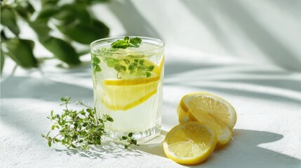 Fototapeta premium Refreshing Lemonade with Mint and Lemon Slices in a Glass on a White Surface