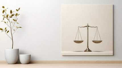 Balanced set of scales displayed elegantly on wall, symbolizing justice and equality, with minimalist design