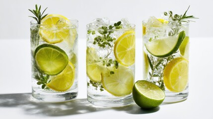 Fototapeta premium Fresh Citrus Drinks with Lemon and Lime Garnished with Herbs on a Light Background