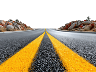 Journey's Horizon: A perspective shot of an open road vanishing into the distance, highlighting the limitless expanse of asphalt flanked by rocky terrain, symbolic of life's choices and travel.