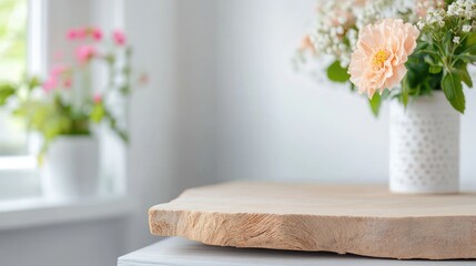 Peach and white flowers bouquet on wooden slab