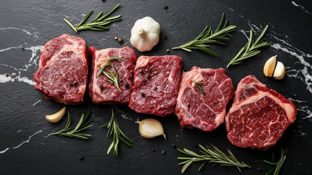 Raw beef steaks montage with rosemary, garlic and peppercorns on black marble surface