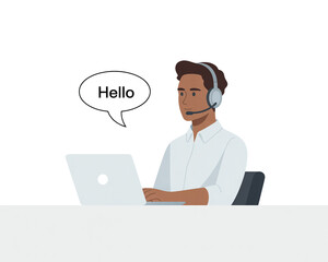 Customer service representative using laptop and headset