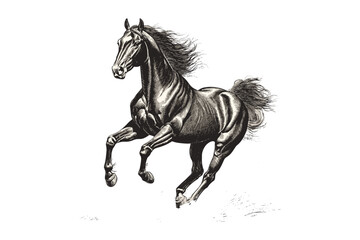 Hand-drawn Horse Galloping Engraving, Vintage Equine Line Art, Monochrome Animal Etching, Rustic Fauna Illustration, Wildlife Drawing, Black Sketch