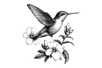 Monochrome Hummingbird Hovering, Rustic Fauna Sketch, Hand-drawn Nature Illustration, Detailed Bird Line Art, Vintage Wildlife Etching, Black Sketch