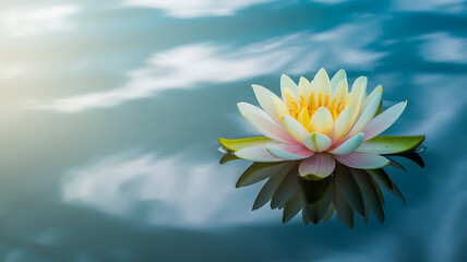 White lotus with golden center on water with natural reflection and soft ambient light in a minimal style