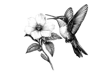 Hummingbird Hovering by Flower, Monochrome Bird Line Art, Detailed Wildlife Etching, Rustic Fauna Sketch, Hand-drawn Nature Illustration, Vintage Engraving