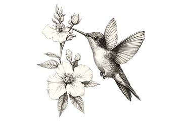 Hummingbird Hovering Near Flower, Hand-drawn Tiny Bird Illustration, Antique Etching, Vintage Wildlife Drawing, Retro Ornithology Sketch