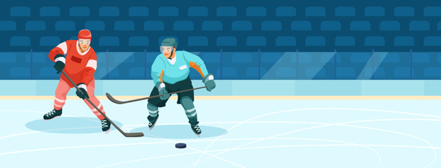 Two hockey players in action on ice rink, flat graphic style, with empty stadium seats background, concept of competition and teamwork. Vector illustration © GN.STUDIO