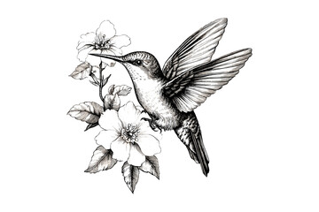 Hummingbird Hovering Over Flower, Engraving, Hand-drawn Bird Line Art, Ornithology Etching, Vintage Wildlife Print, Monochrome Black Sketch