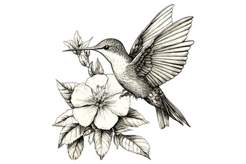 Engraving of Hummingbird Hovering Over Flower, Monochrome Ornithology Etching, Rustic Nature Illustration, Vintage Wildlife Print, Black Sketch