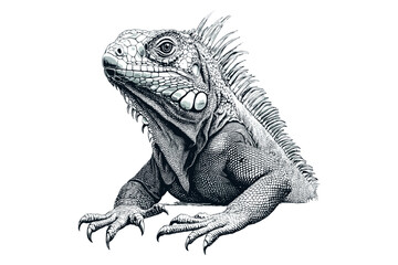 Vintage Engraving of Iguana Resting, Hand-drawn Reptile Line Art, Monochrome Wildlife Print, Rustic Fauna Illustration, Black Sketch Exotic Reptile Drawing