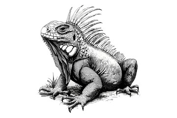 Engraving of Iguana Resting, Hand-drawn Reptile Line Art, Rustic Wildlife Etching, Exotic Fauna Illustration, Vintage Monochrome Reptile Drawing, Black Sketch Nature Print