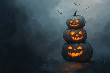 Naklejka premium Stacked jack o lanterns with bats on a foggy night for halloween decorations, greeting cards, and festive backgrounds.