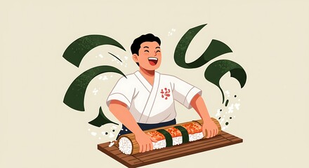 Joyful sushi chef masterfully crafting traditional japanese cuisine with artistic flair