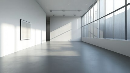 Fototapeta premium spacious, sunlit art gallery featuring a white wall that offers a perfect canvas for displaying contemporary art, with clean lines and modern architecture.