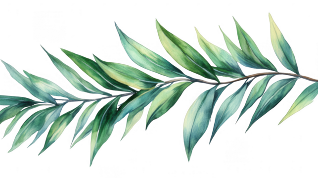 Watercolor painted green leaves isolated on a PNG transparent background