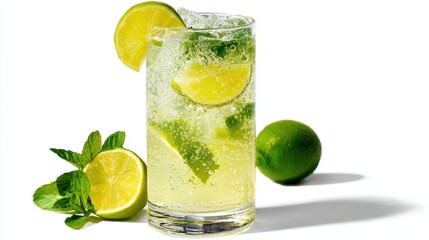 Fototapeta premium Refreshing Citrus Cocktail with Lime and Mint Served in a Tall Glass on a White Background