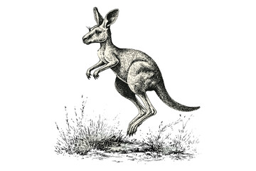 Vintage Kangaroo Hopping Engraving, Monochrome Australian Wildlife Line Art, Hand-drawn Animal Illustration, Fauna Etching, Old Style Nature Print, Black Sketch