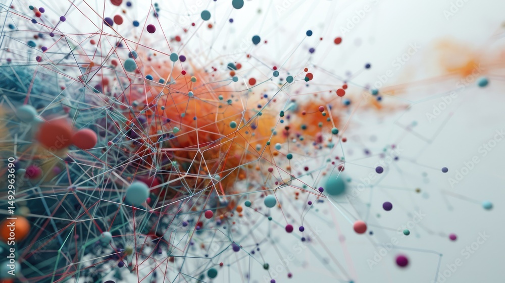 Poster abstract picture micro particle in geometric shape represent data flow. vivid flowing object with hi