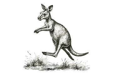 Hand-drawn Kangaroo Engraving, Monochrome Wildlife Line Art, Vintage Australian Fauna Etching, Nature Print, Black Sketch, Old Engraving Style, Trendy Retro Illustration