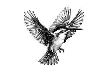 Kingfisher Mid-Dive Engraving, Antique Ornithology Drawing, Vintage Bird Illustration, Hand-drawn Wildlife Sketch, Retro Etching Nature Art, Black Sketch